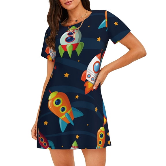 Hirioo Spaceships and Stars for Women’s Nightdress Comfortable Short Sleeve Nightwear Casual Sleep Dress
