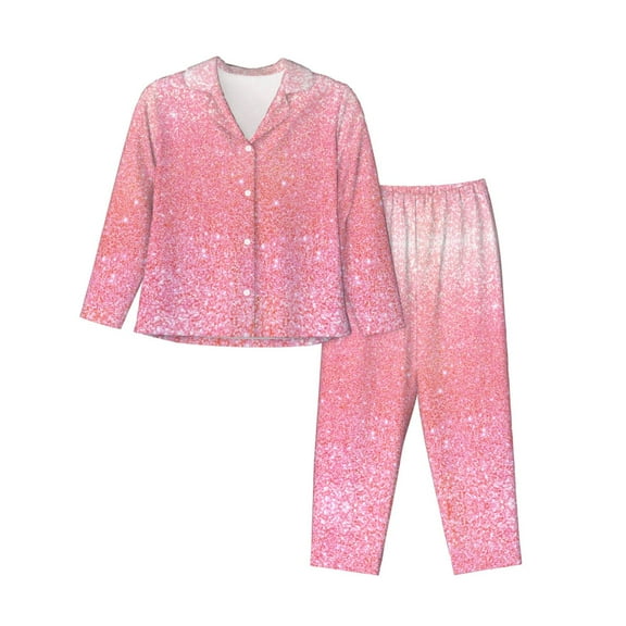 Hirioo Sparkly Pink Glitter for Women's Pajama Sets 2 Piece Pjs Women's Long-Sleeved Pajama Set Button Down Sleepwear,S-XXL-Large