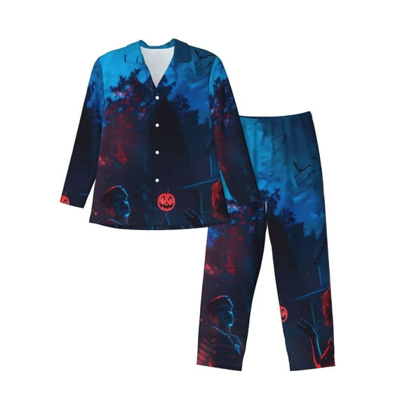 Hirioo Spooky Halloween Night Scene for Men's Pajama Sets 2 Piece Pjs Men's Long-Sleeved Pajama Set Button Down Sleepwear,S-XXL-X-Large