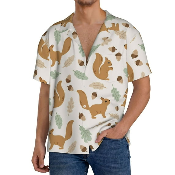 Hirioo Squirrel And Leaves for Men's Cuban Collar Short Sleeve Shirt Button Down Shirt Beach Summer Shirts Wedding Vacation Shirts-Large