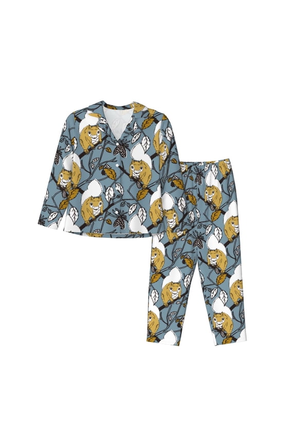 Squirrel And Leaves for Women's Pajama Sets 2 Piece Pjs Women's Long-Sleeved Pajama Set Button Down Sleepwear,S-XXL-Medium