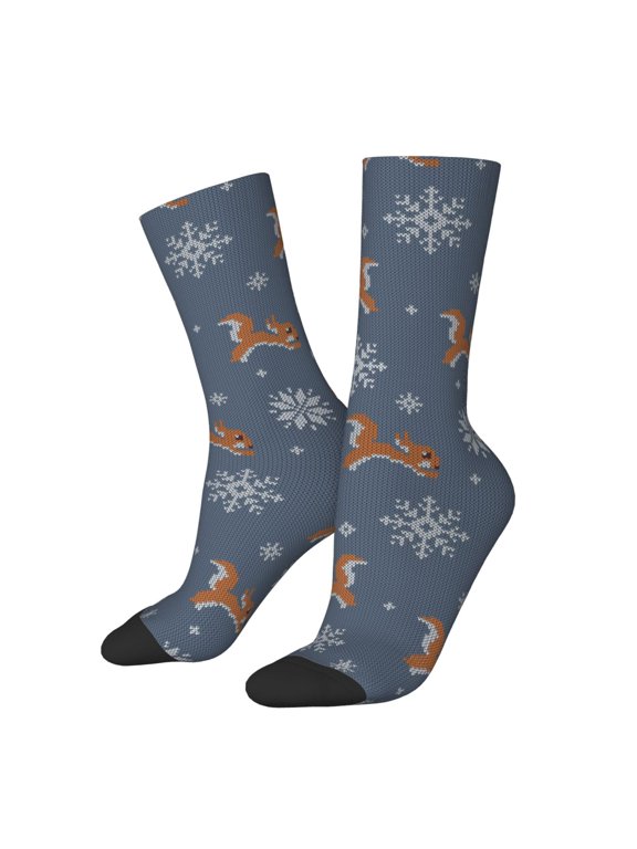 Squirrel And Snowflakes Pattern Adult Middle Tube Socks Breathable Sock Non-Pilling,Contrasting Color Design