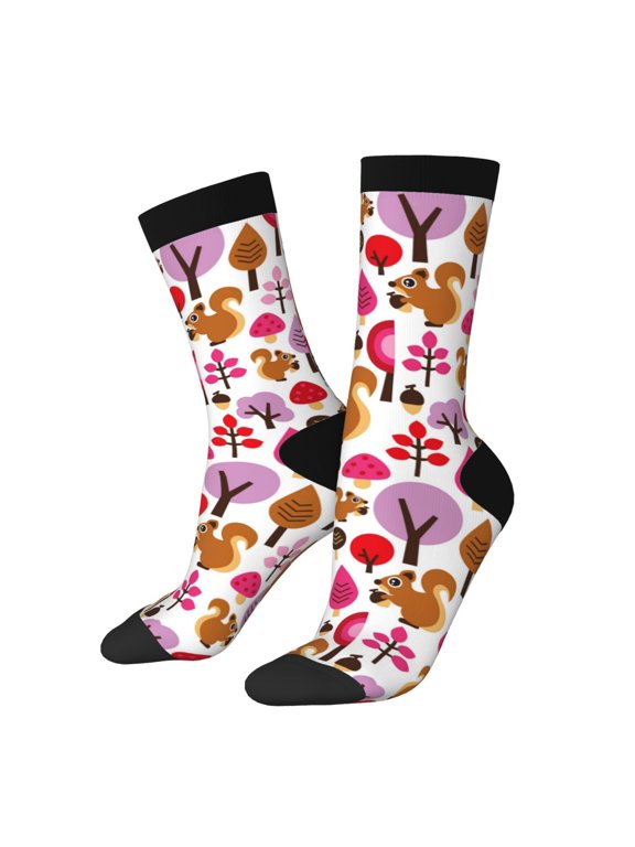 Squirrel In The Forest Pattern Adult Middle Tube Socks Breathable Sock Non-Pilling,Contrasting Color Design