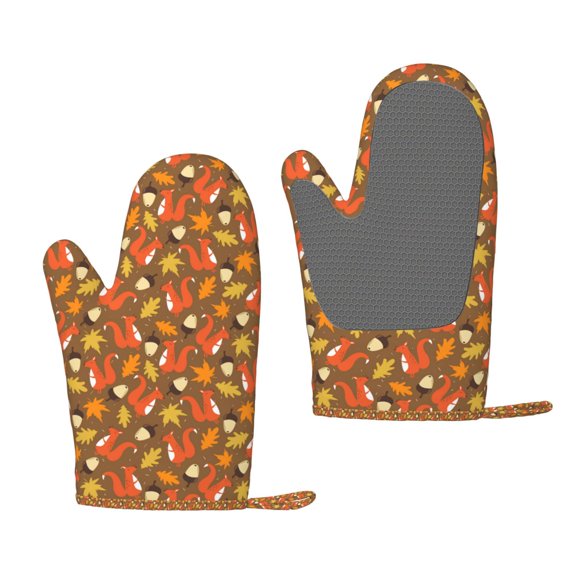 Hirioo Squirrel Maple pine nut for Silicone Oven Mitts for BBQ, Baking, Cooking, Set of 2, Heat Resistant 260, Non-Slip Kitchen Essentials