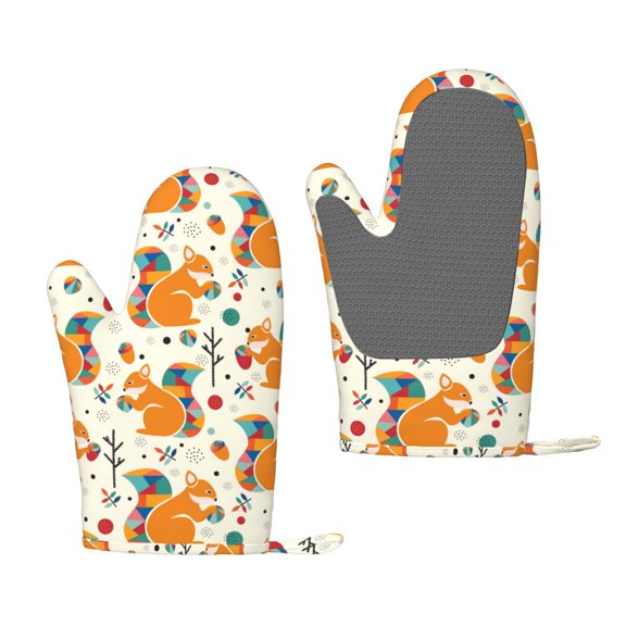 Hirioo Squirrel With Colorful Tail for Silicone Oven Mitts for BBQ, Baking, Cooking, Set of 2, Heat Resistant 260, Non-Slip Kitchen Essentials