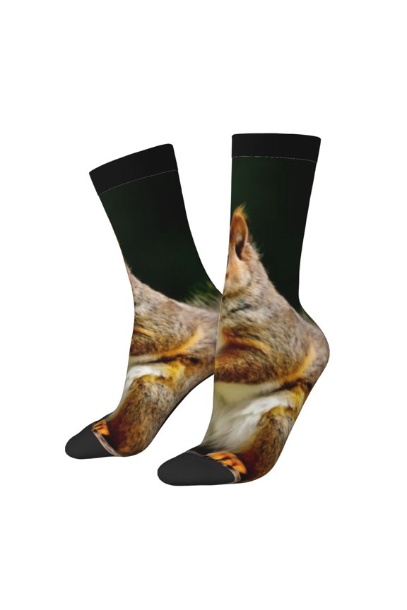 Squirrels Eating Peanuts On The Tree Pattern Adult Middle Tube Socks Breathable Sock Non-Pilling,Contrasting Color Design