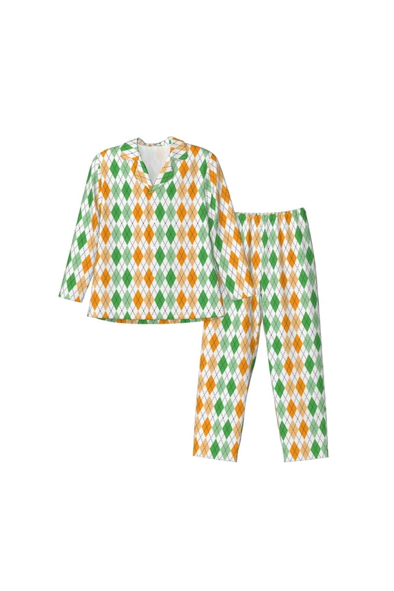St. Patrick's day argyle for Men's Pajama Sets 2 Piece Pjs Men's Long-Sleeved Pajama Set Button Down Sleepwear,S-XXL-Large