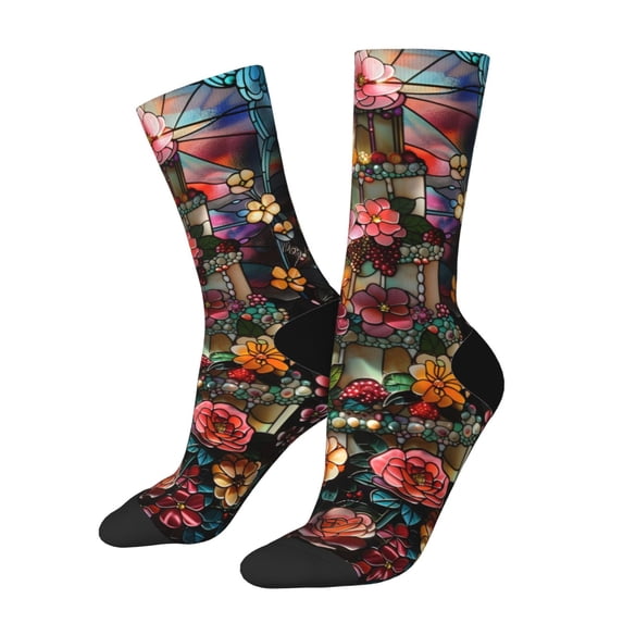 Hirioo Stained Glass Floral Cake Pattern Adult Middle Tube Socks Breathable Sock Non-Pilling,Contrasting Color Design