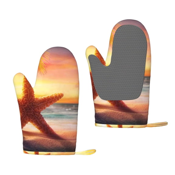 Hirioo Starfish Sunset Sea Beach for Silicone Oven Mitts for BBQ, Baking, Cooking, Set of 2, Heat Resistant 260, Non-Slip Kitchen Essentials