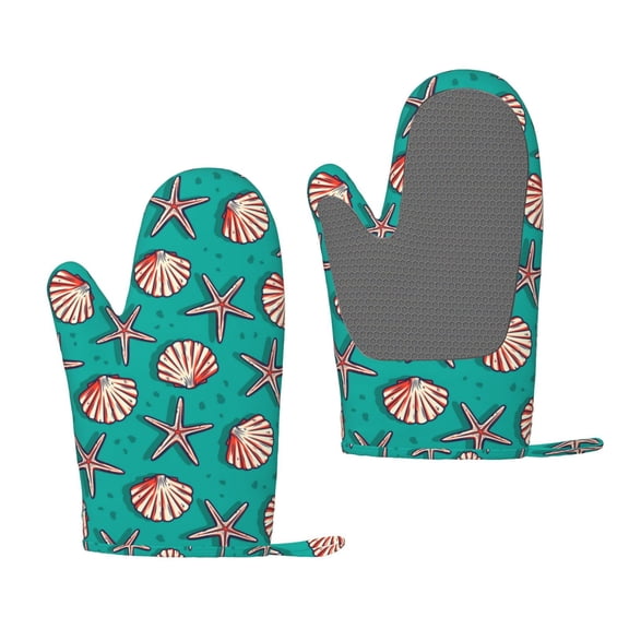 Hirioo Starfish and Shell for Silicone Oven Mitts for BBQ, Baking, Cooking, Set of 2, Heat Resistant 260, Non-Slip Kitchen Essentials
