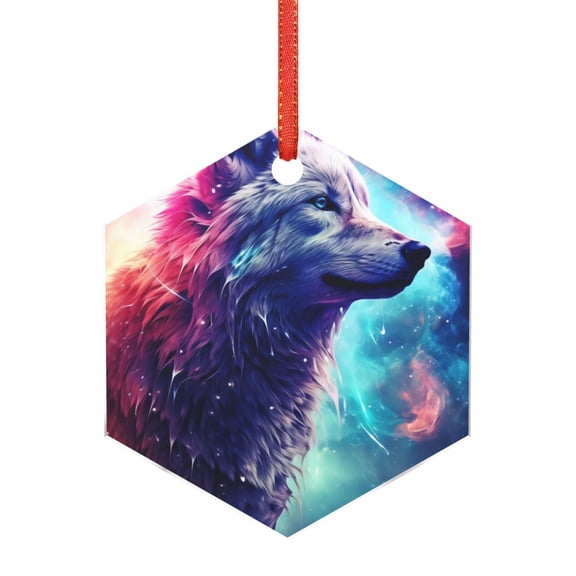 Hirioo Starry Multicolored Wolf for Acrylic Christmas Pendant Hanging Christmas Tree Ornaments, Car, Home, Office Gift Decor-Hexagon