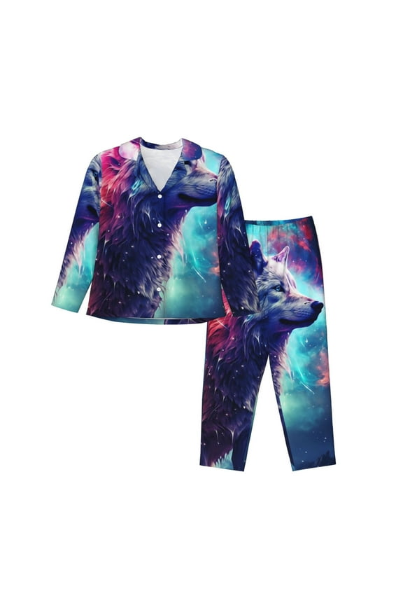 Starry Multicolored Wolf for Women's Pajama Sets 2 Piece Pjs Women's Long-Sleeved Pajama Set Button Down Sleepwear,S-XXL-