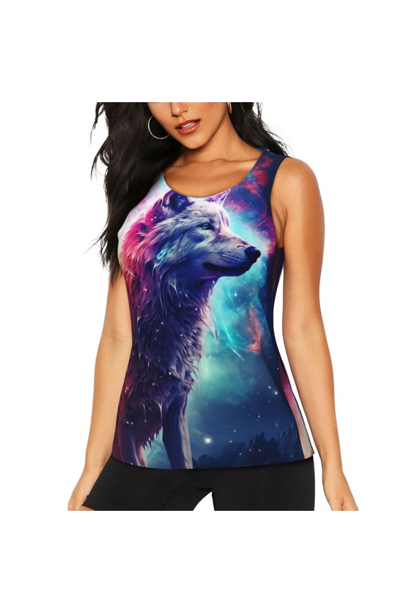 Starry Multicolored Wolf for Women's Workout Tank Top Sleeveless Workout Tops Athletic Gym Shirts-Small