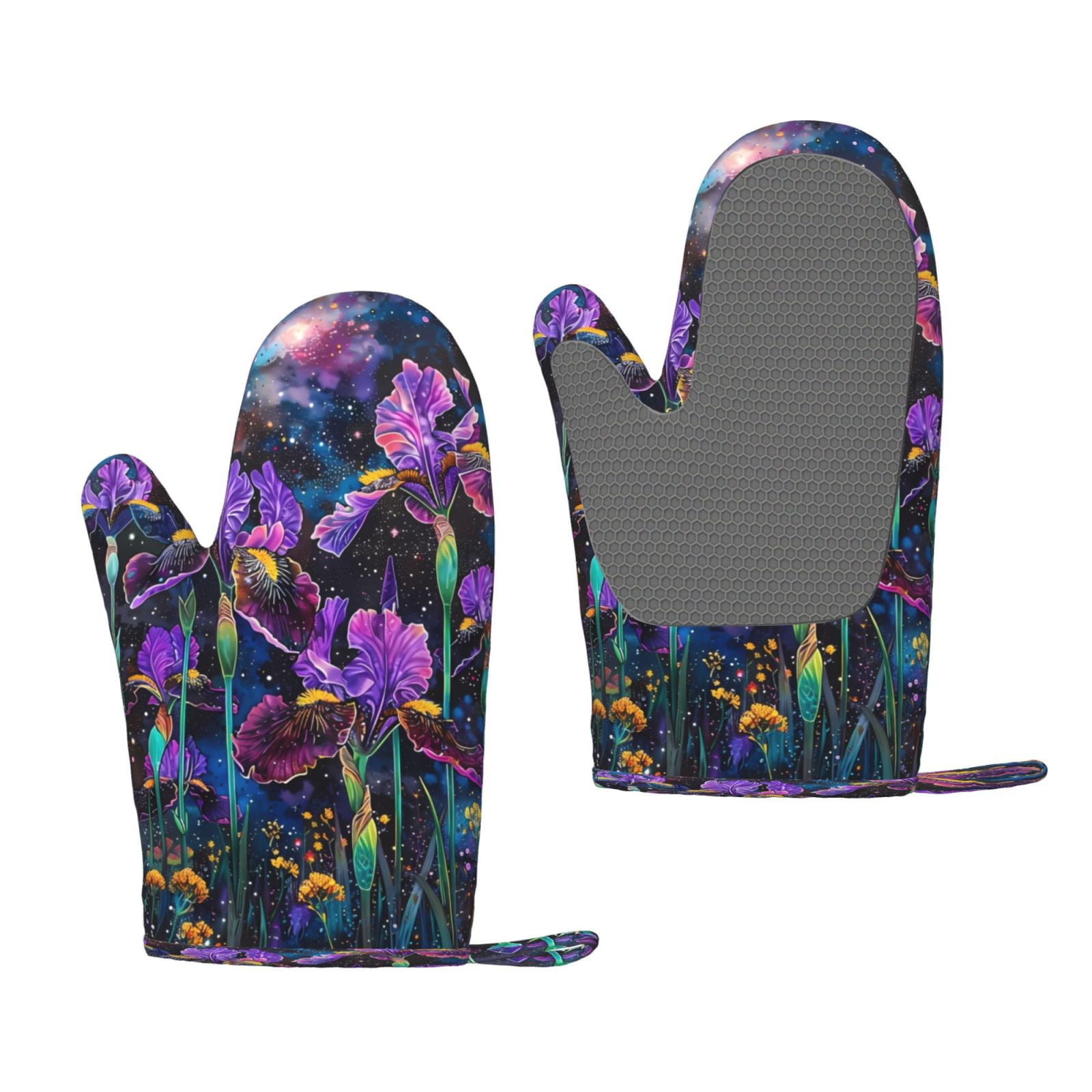 Hirioo Starry Night Iris Field for Silicone Oven Mitts for BBQ, Baking, Cooking, Set of 2, Heat Resistant 260℃, Non-Slip Kitchen Essentials