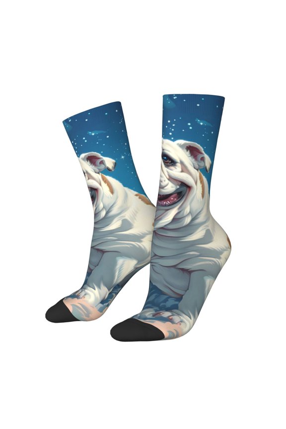 Starry Sky Cloud Bulldog Pattern Adult Middle Tube Socks Breathable Sock Non-Pilling,Contrasting Color Design