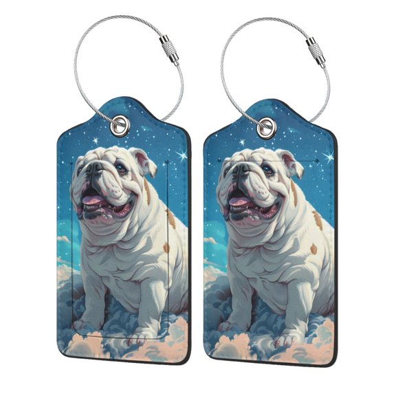 Hirioo Starry Sky Cloud Bulldog Print Leather Luggage Tag with Stainless Steel Loop ,Privacy Flap and Address Card for Travel Bag Suitcase-1