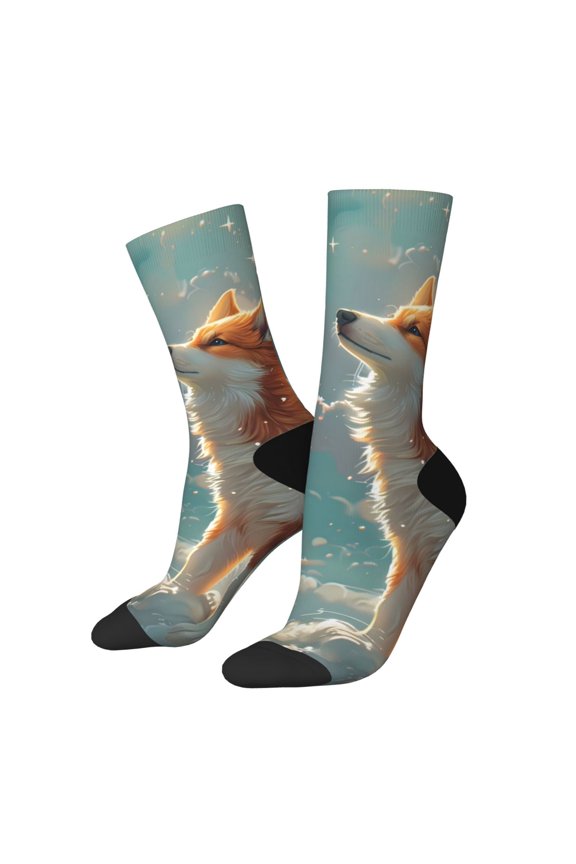 Starry Sky Cloud Fox Pattern Adult Middle Tube Socks Breathable Sock Non-Pilling,Contrasting Color Design