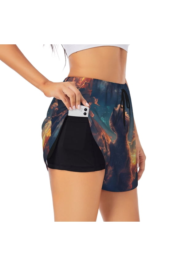 Starry Sky Cloud Puppy for Women's Double Layer Athletic Shorts High-Performance Gym Shorts with Inner Pocket, Elastic Waistband-Large