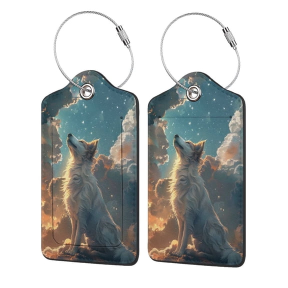 Hirioo Starry Sky Cloud Wolf Print Leather Luggage Tag with Stainless Steel Loop ,Privacy Flap and Address Card for Travel Bag Suitcase-2 PCS