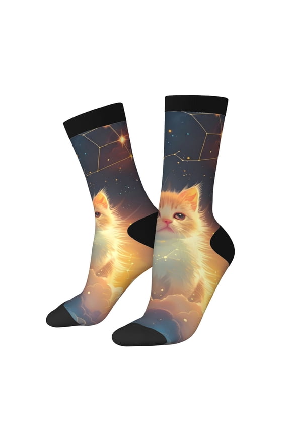 Starry Sky Constellation Cat Pattern Adult Middle Tube Socks Breathable Sock Non-Pilling,Contrasting Color Design