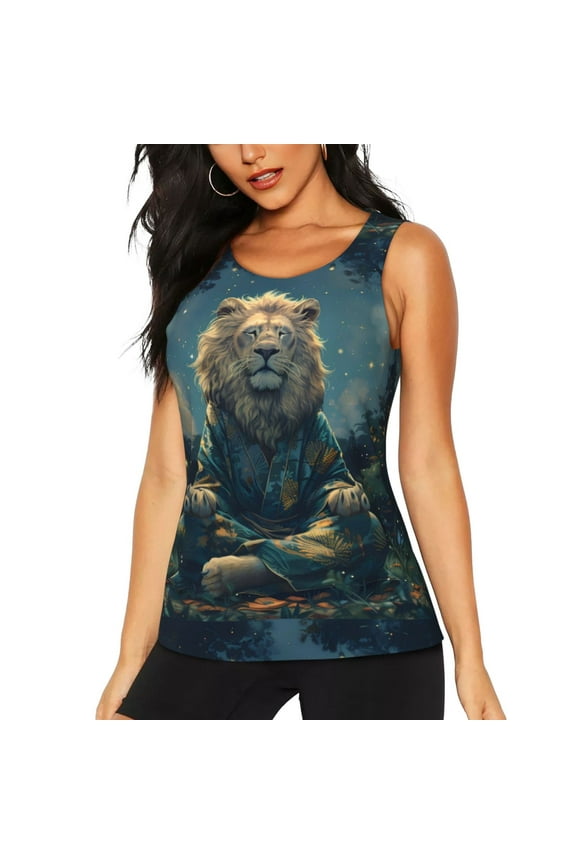 Starry Sky Meditating Lion for Women's Workout Tank Top Sleeveless Workout Tops Athletic Gym Shirts-Medium