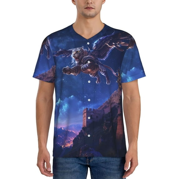 Hirioo Starry Sky Wall Flying Tiger for Men's Baseball T-shirt Shirts Short Sleeve Casual Summer Button Stretch T Shirts,Size S-4XL-X-Large