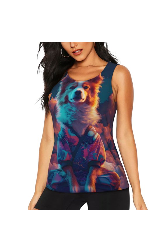 Starry Sky White Cloud Puppy for Women's Workout Tank Top Sleeveless Workout Tops Athletic Gym Shirts-Medium