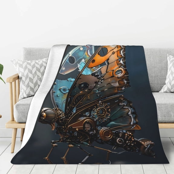 Hirioo Steampunk Mechanical Butterfly for Flannel Blanket, Cozy and Warm Throw for Bed or Couch ,Perfect for All Seasons-80"x60"