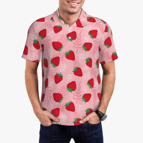 Hirioo Strawberry for Men’s Polo Shirts Quick Dry Short Sleeve Golf T Shirt Performance Moisture Wicking Casual Workout,Sizes S-4XL-Large
