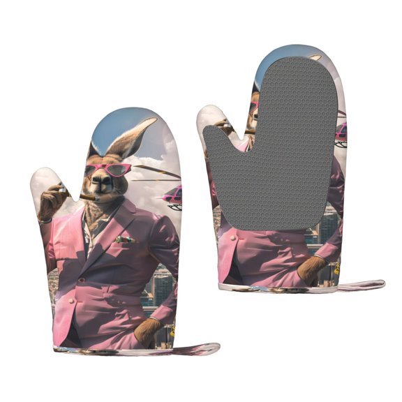 Hirioo Stylish Kangaroo In Suit for Silicone Oven Mitts for BBQ, Baking, Cooking, Set of 2, Heat Resistant 260, Non-Slip Kitchen Essentials