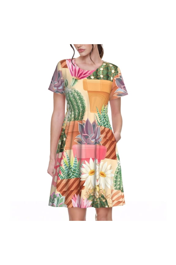 Succulent And Cactus for Short Sleeve Dress Women's Short Sleeve Dress with Pockets