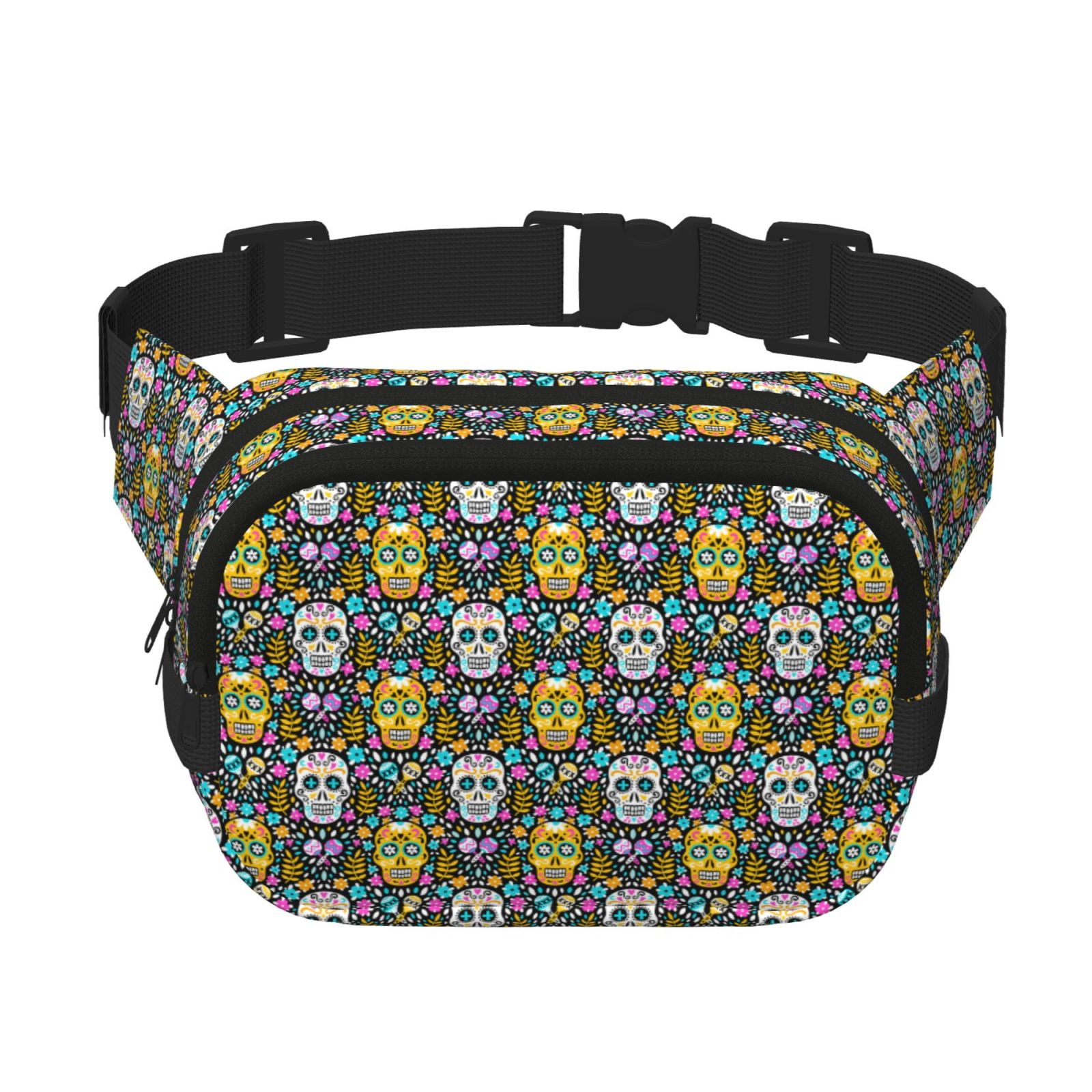 Hirioo Sugar Skulls for Double Layer Waist Bag Adjustable Fanny Pack For Travel Running Hiking