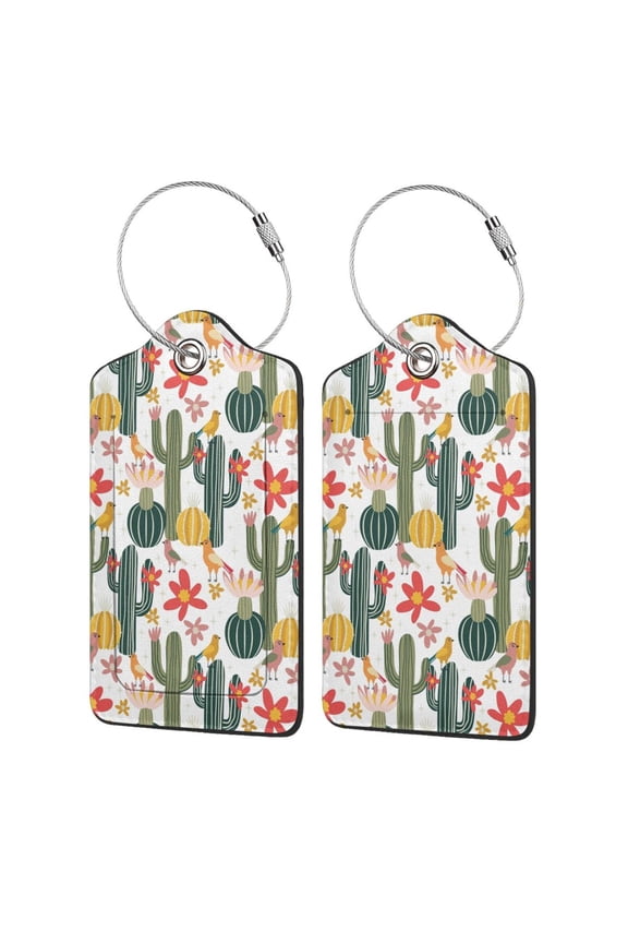 Summer Cactus With Blooming Print Leather Luggage Tag with Stainless Steel Loop ,Privacy Flap and Address Card for Travel Bag Suitcase-1