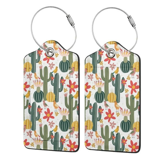 Hirioo Summer Cactus With Blooming Print Leather Luggage Tag with Stainless Steel Loop ,Privacy Flap and Address Card for Travel Bag Suitcase-4 PCS