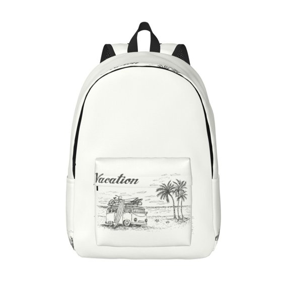 Hirioo Summer Vacation Scene With Camping Van Canvas Backpack, Durable Travel Backpack with Multiple Compartments,Large Capacity, Backpack for School, Hiking, Work