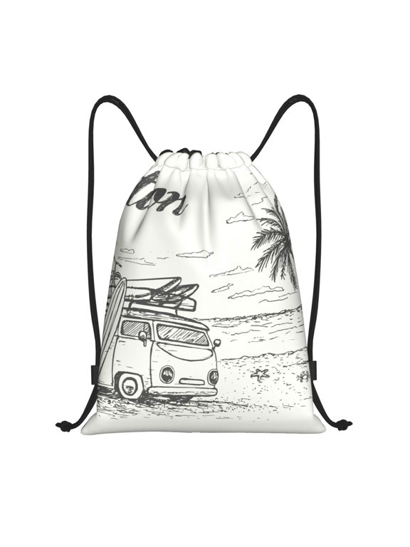 Summer Vacation Scene With Camping Van Print Drawstring Backpack Bag Sport Versatile Sports Backpack for Gym, Travel, Swimming, Beach