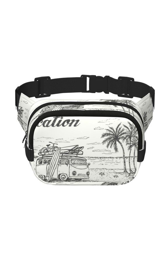 Summer Vacation Scene With Camping Van for Double Layer Waist Bag Adjustable Fanny Pack For Travel Running Hiking