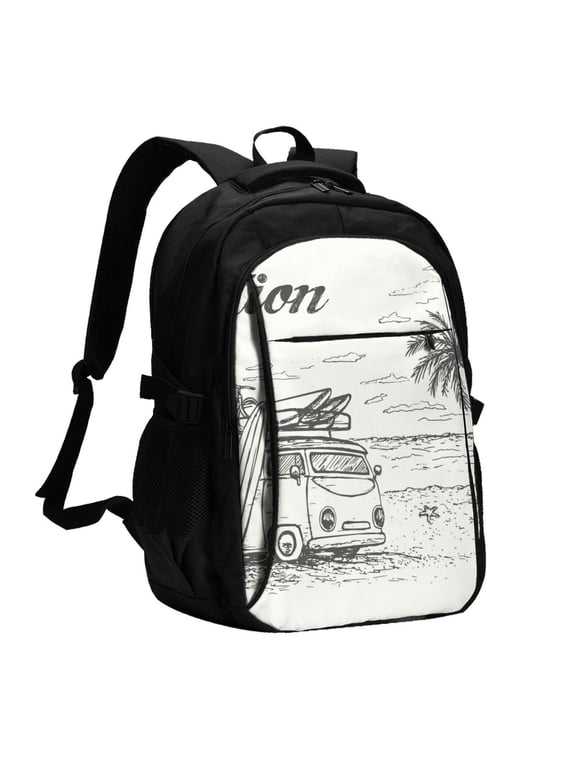 Summer Vacation Scene With Camping Van for Travel Laptop Backpack with USB Charging Port for Men and Women