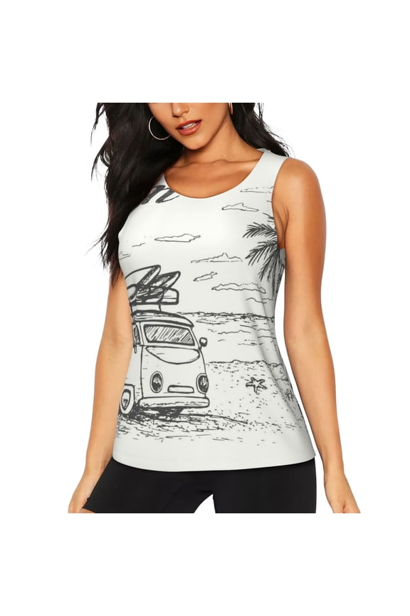Summer Vacation Scene With Camping Van for Women's Workout Tank Top Sleeveless Workout Tops Athletic Gym Shirts-X-Large
