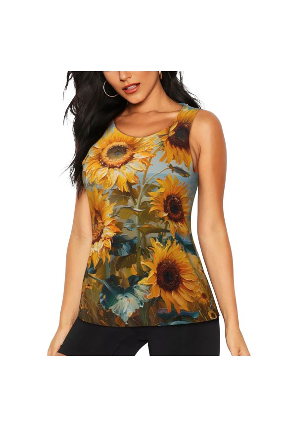 Sunflower Field Art for Women's Workout Tank Top Sleeveless Workout Tops Athletic Gym Shirts-Small