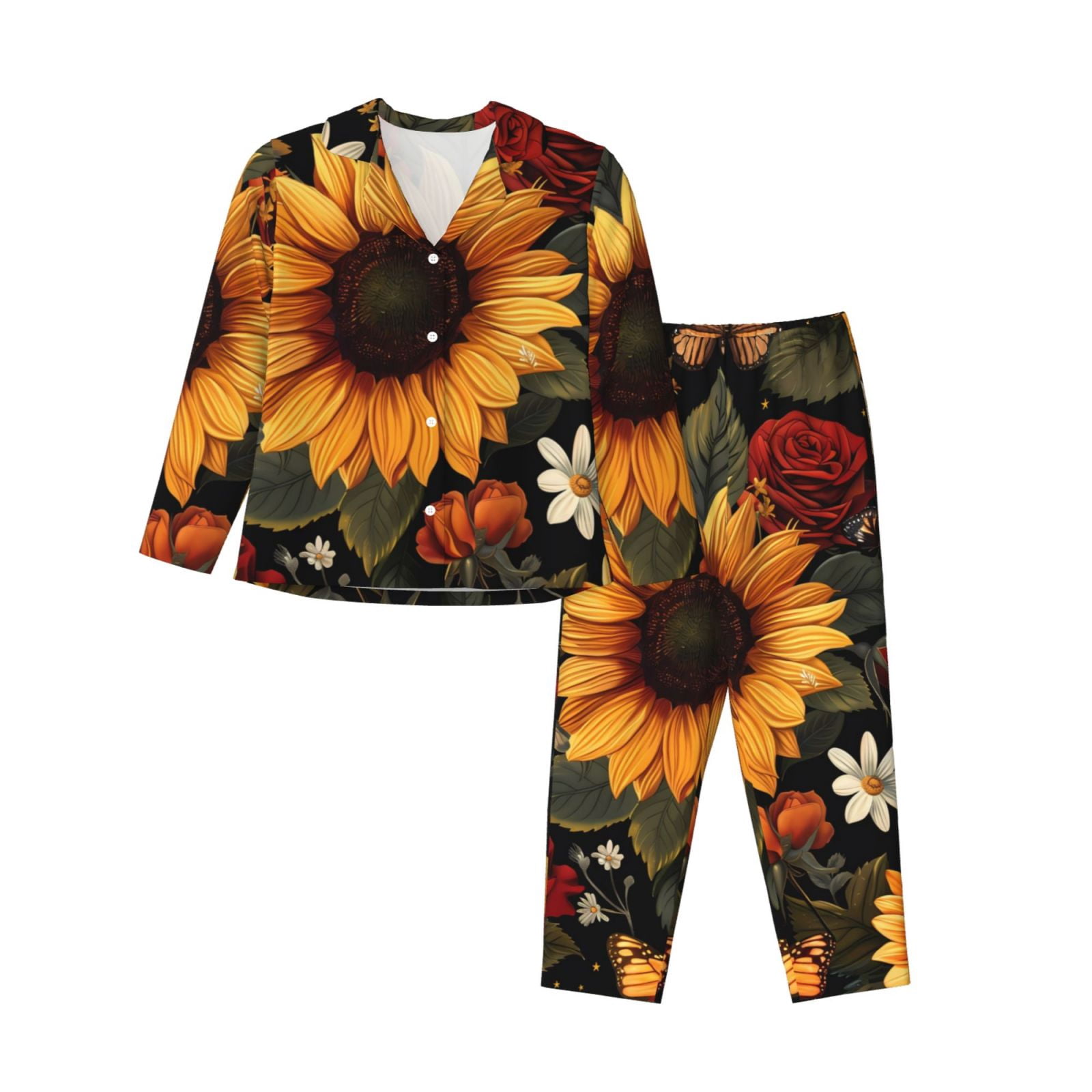 Two Piece Ice Silk Pajama Set Sunflower Print Yellow Shirt And Pants For Spring Season main image 0
