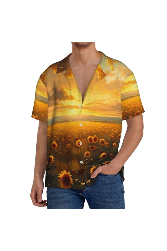 Sunflower Sunset Rainfall for Men's Cuban Collar Short Sleeve Shirt Button Down Shirt Beach Summer Shirts Wedding Vacation Shirts-Medium