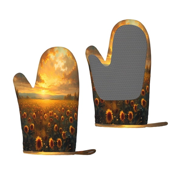 Hirioo Sunflower Sunset Rainfall for Silicone Oven Mitts for BBQ, Baking, Cooking, Set of 2, Heat Resistant 260, Non-Slip Kitchen Essentials