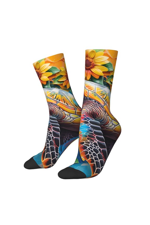 Sunflower Turtle Pattern Adult Middle Tube Socks Breathable Sock Non-Pilling,Contrasting Color Design