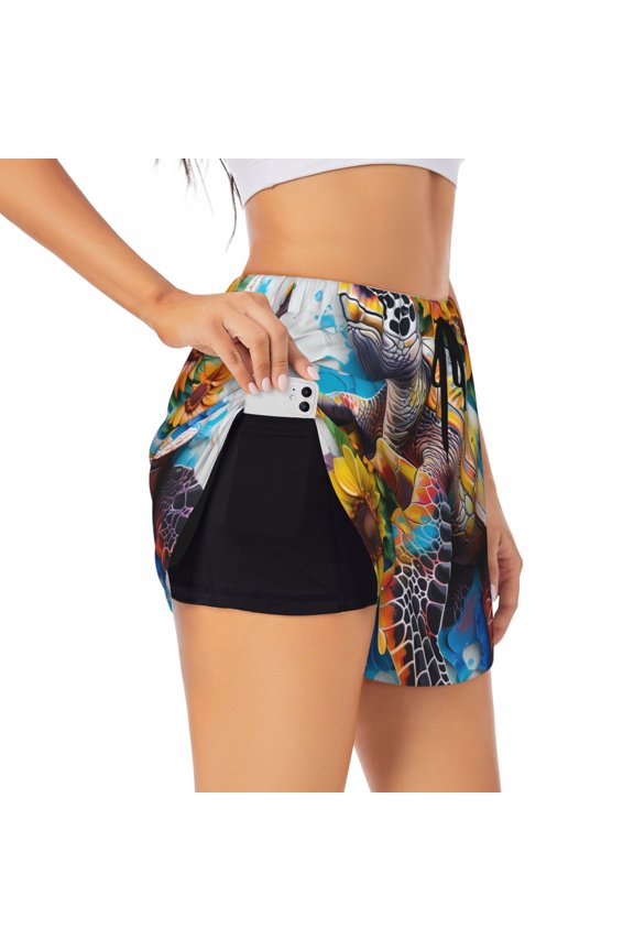 Sunflower Turtle for Women's Double Layer Athletic Shorts High-Performance Gym Shorts with Inner Pocket, Elastic Waistband-Medium