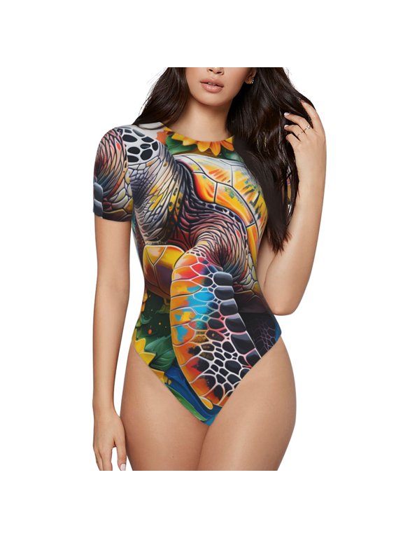 Sunflower Turtle for Women's Round Neck Short-sleeved Onesie Basic Bodysuits-Small