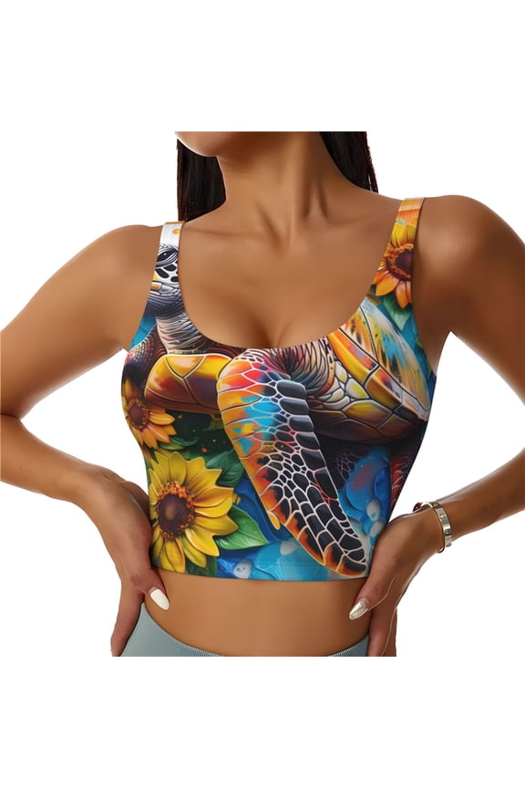 Sunflower Turtle for Women's Sports Vest with Full-Print Design, Stretchy Fabric and Removable Pads-