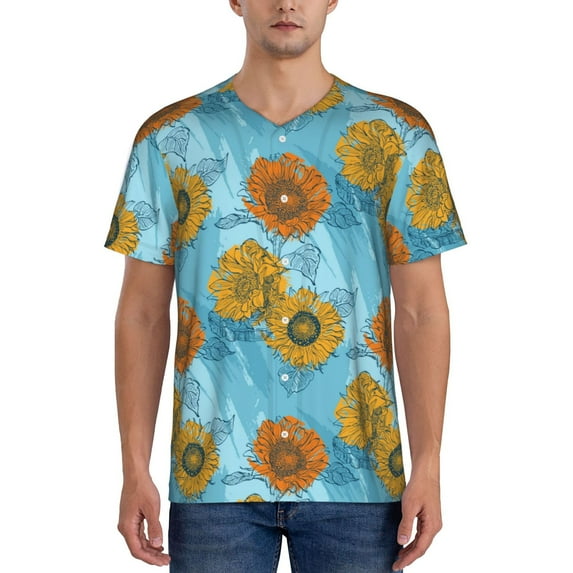 Hirioo Sunflowers for Men's Baseball T-shirt Shirts Short Sleeve Casual Summer Button Stretch T Shirts,Size S-4XL-Large