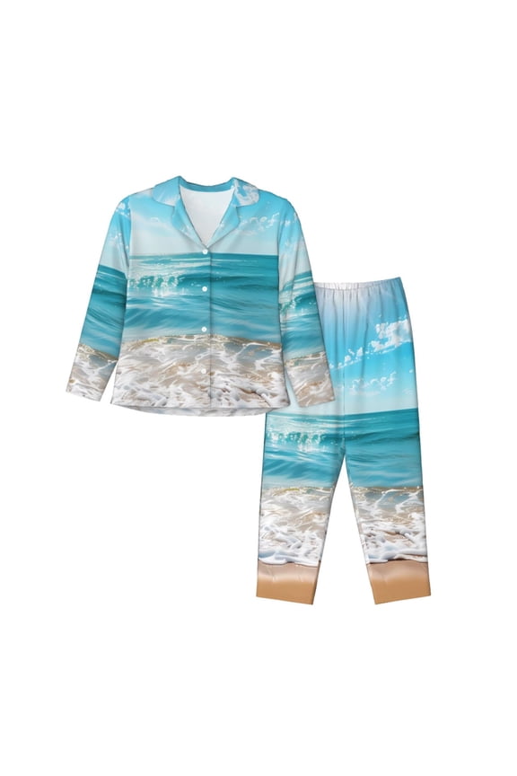 Sunny Ocean Waves for Women's Pajama Sets 2 Piece Pjs Women's Long-Sleeved Pajama Set Button Down Sleepwear,S-XXL-Small