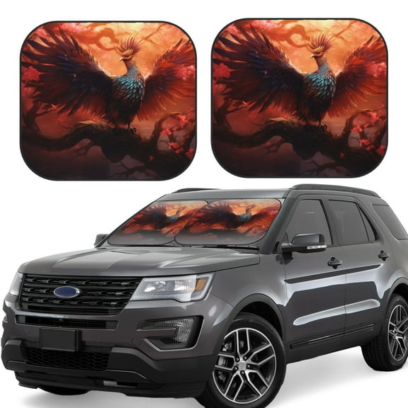 Hirioo Sunset Blossoms Phoenix Perch for 2PCS Windshield Sun Shade Foldable | Front Windshield Shade for Sun, Heat and UV Rays-Small